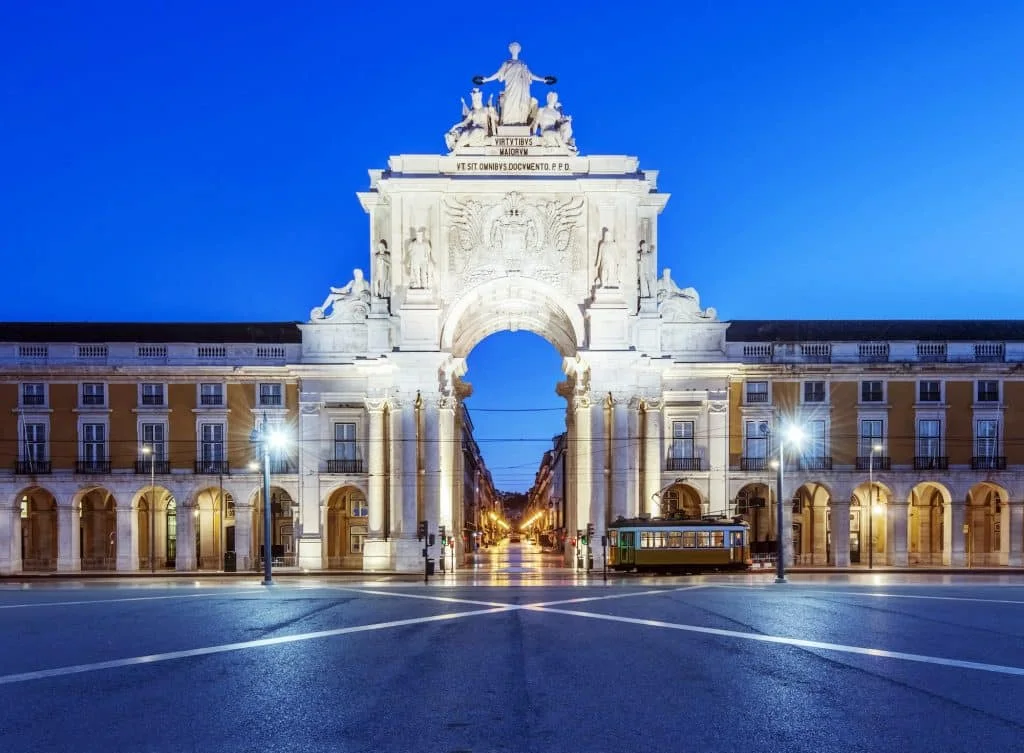 Illuminated ornate archway in Commerce Square, Lisbon, Lisbon, Portugal