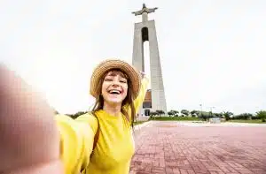 Happy tourist visiting Lisbon, Portugal