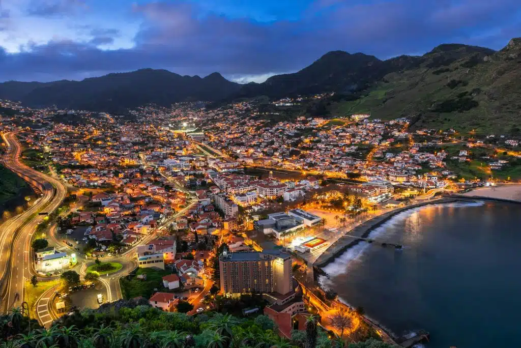 Machico in Madeira island, Portugal. Night cityscape.